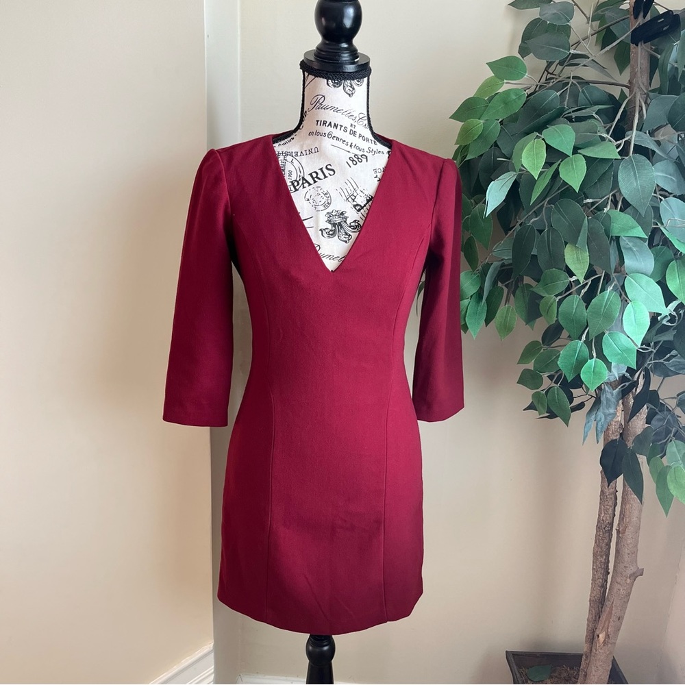 Zara Bodycon Long Sleeve V-Neck Dress Burgundy Sz M